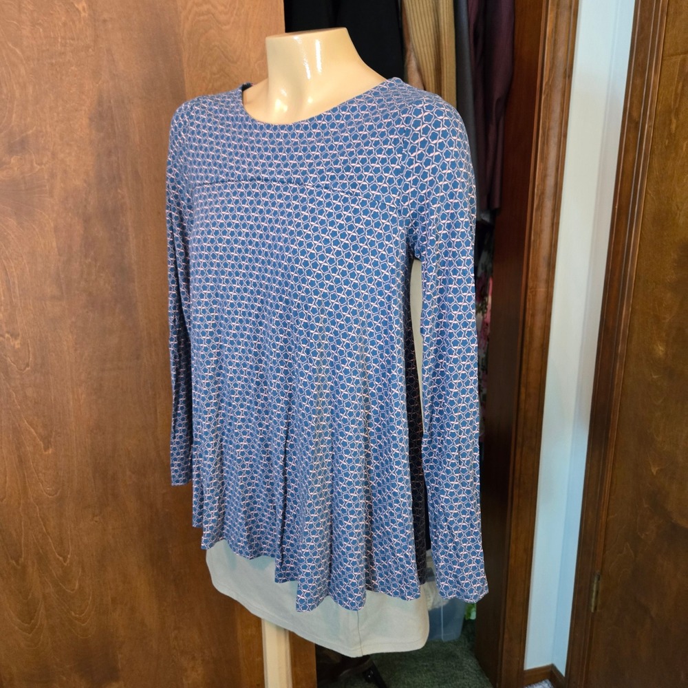 Boden Womens Tunic Top Size 8 Blue Pink Geometric Floral Long Sleeve Mod Flowy